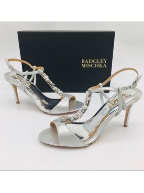 Badgley Mischka Silver Crystal T-Strap Heels Martina II